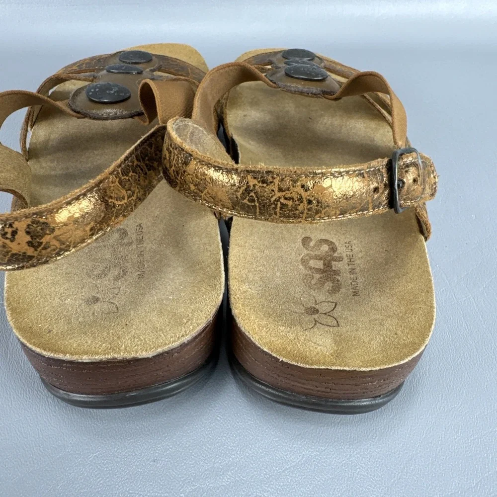 SAS Clover Sandals Womens 10 W Bronze Metallic T Strap Strappy Sling Back Buckle
